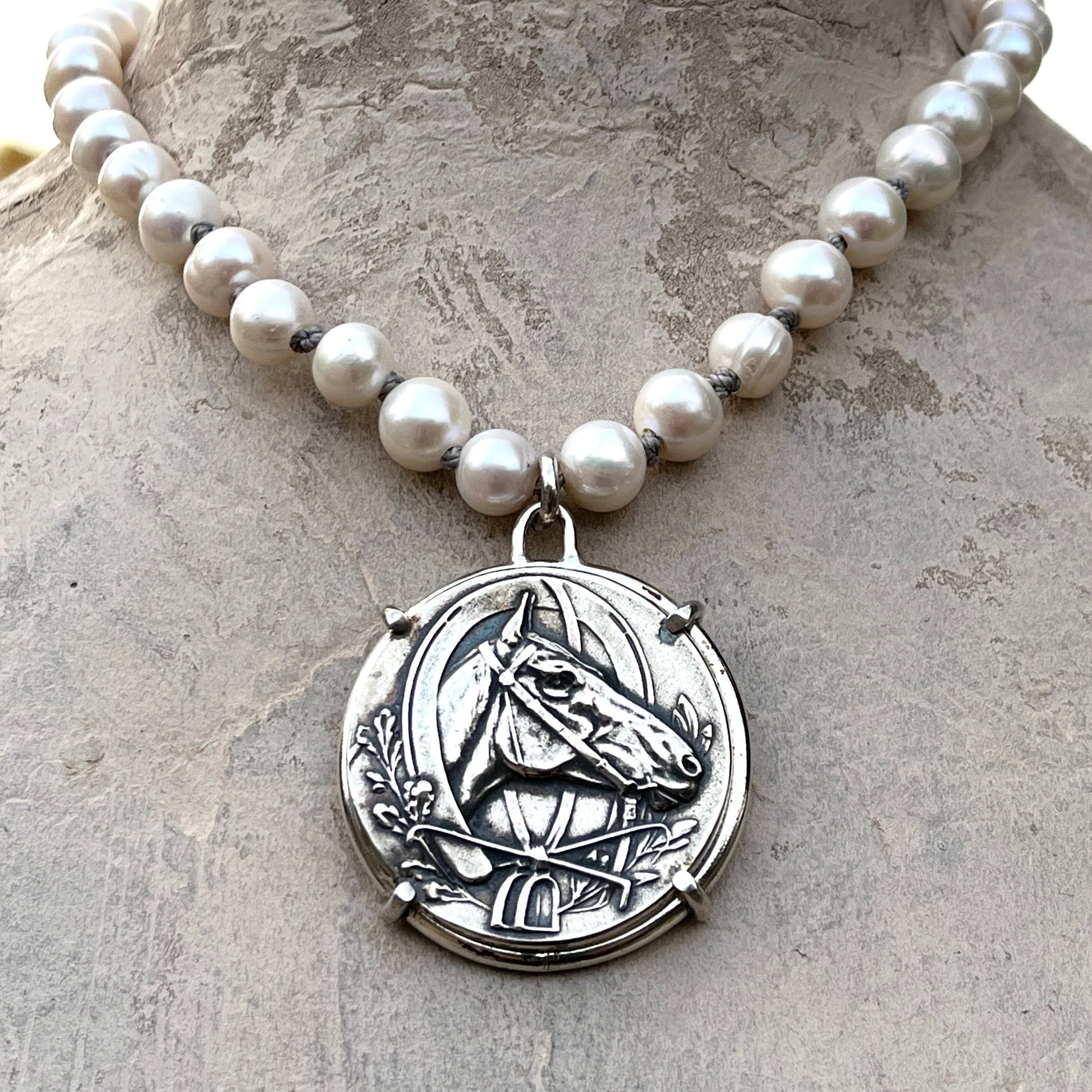 Dutch Horse Head Medal on Pearl Necklace