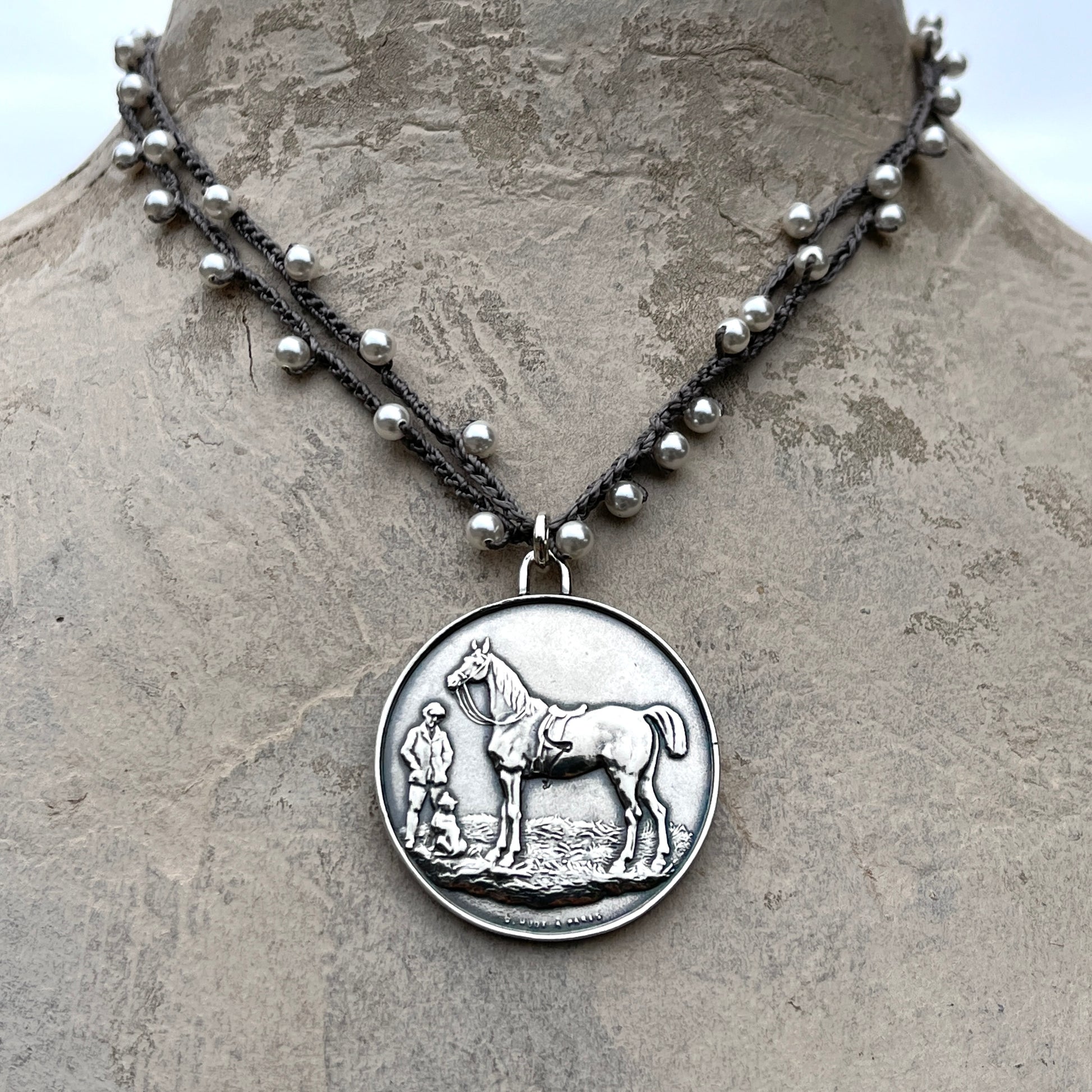 Paper Hunting Club Medal on Pearl Necklace