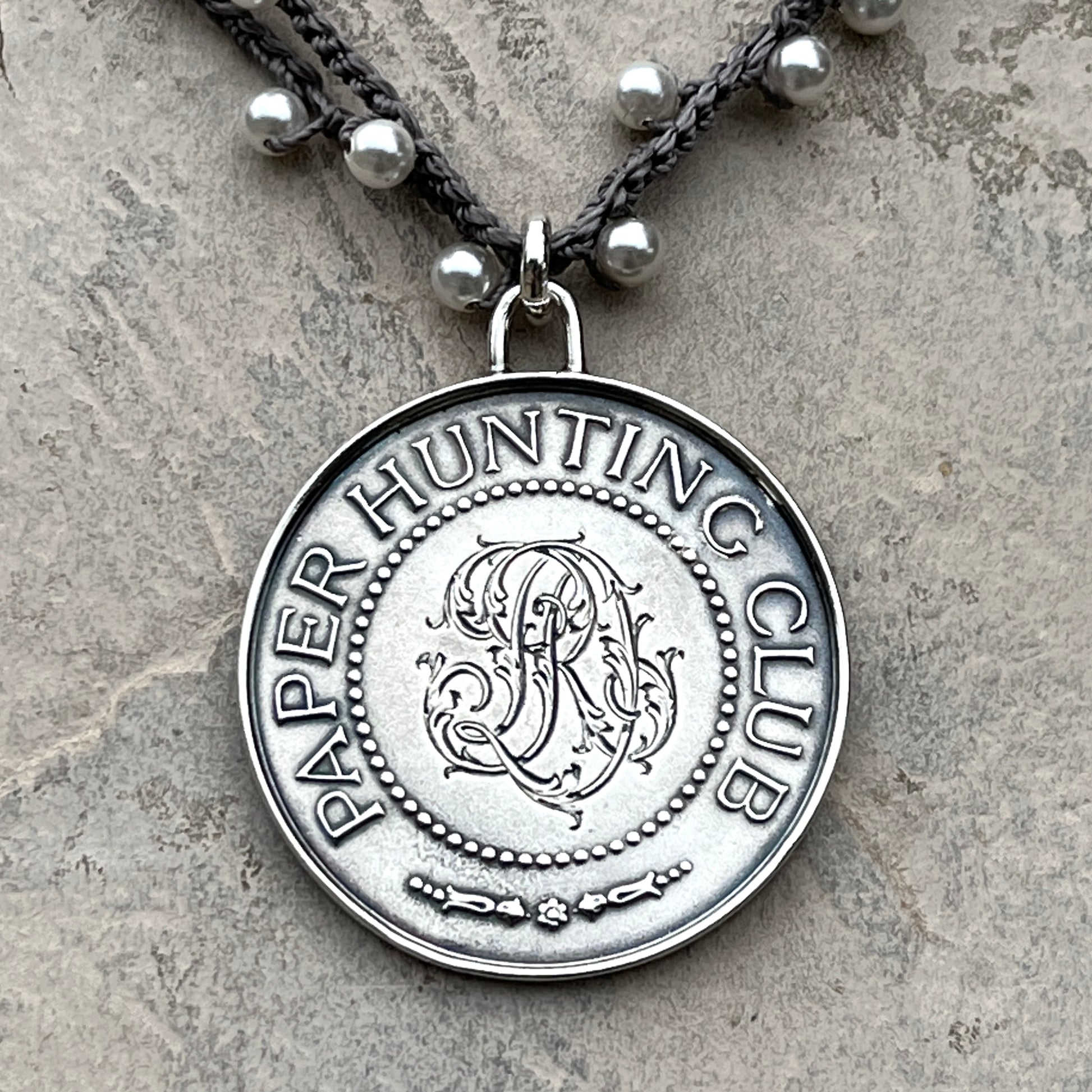 Paper Hunting Club Medal on Pearl Necklace