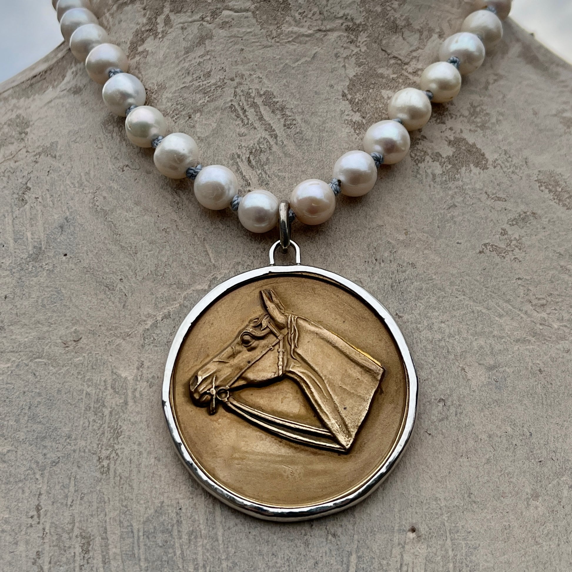 Vintage Horse Head Medal on Pearl Necklace