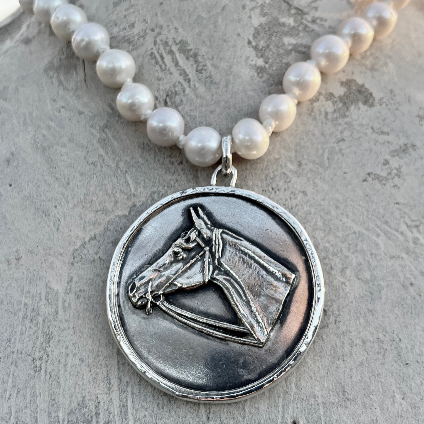 Vintage Horse Head Medal on Pearl Necklace