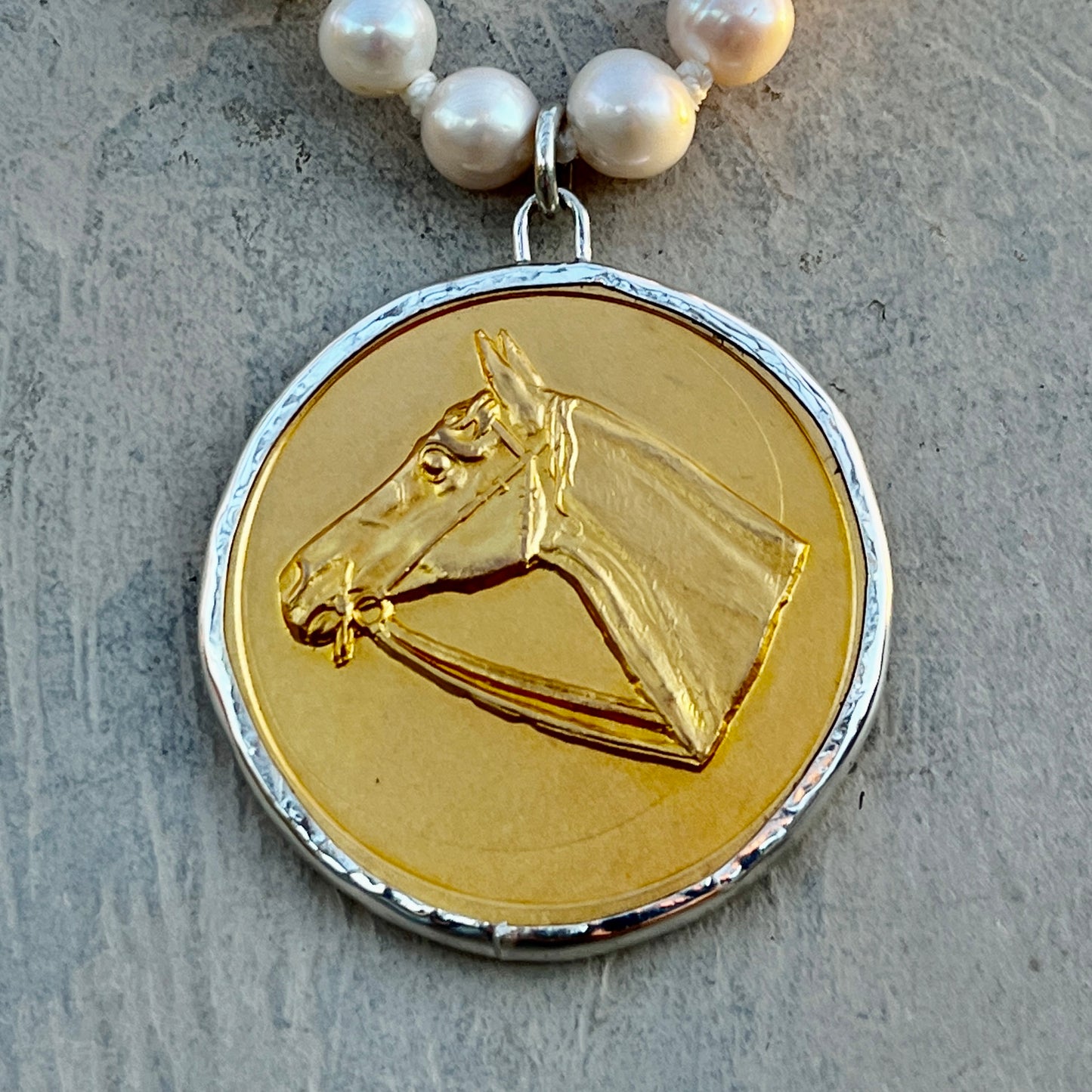 Vintage Horse Head Medal on Pearl Necklace