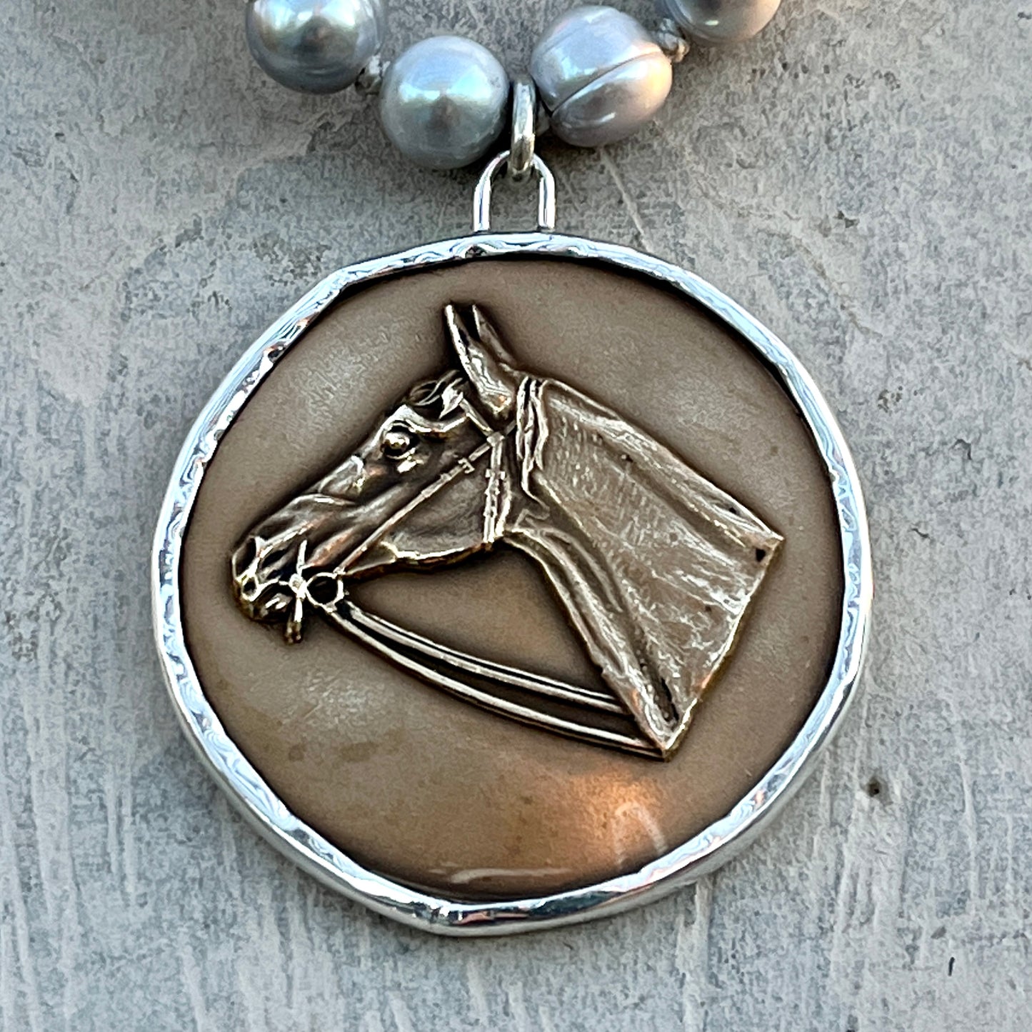 Vintage Horse Head Medal on Pearl Necklace