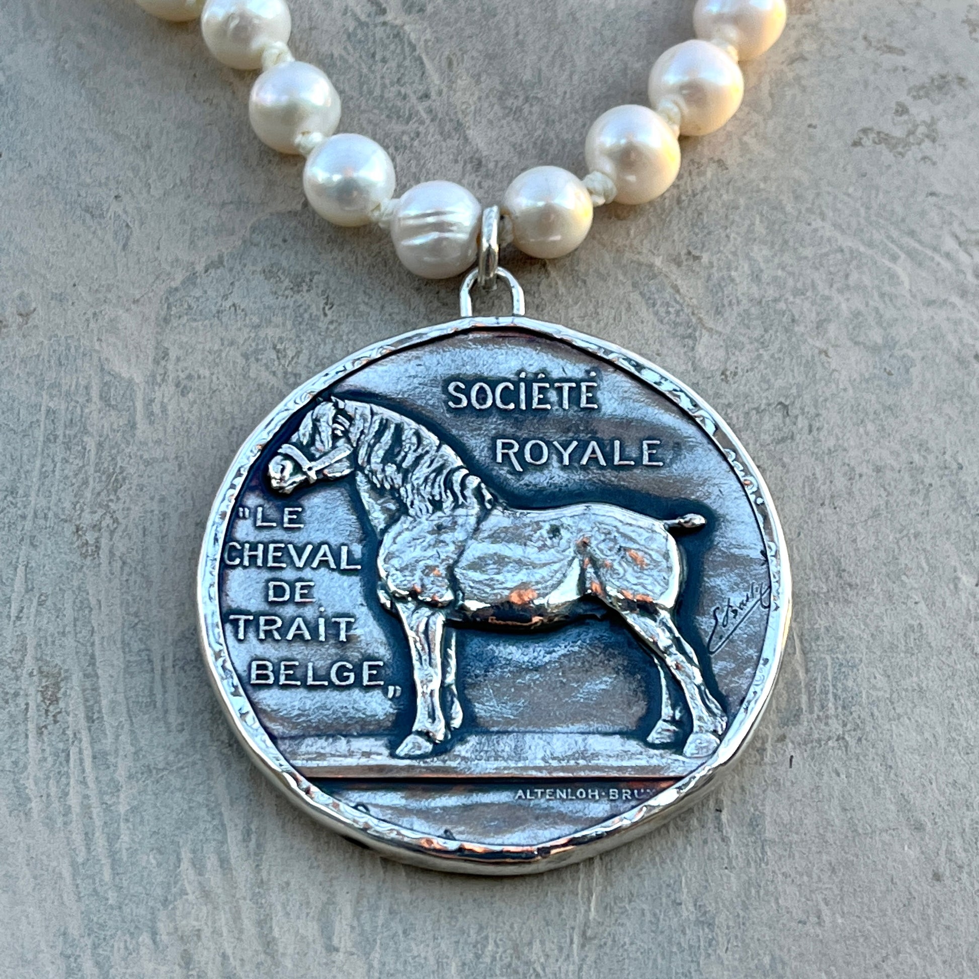 Le Cheval De Trait Belge Medal on Pearl Necklace
