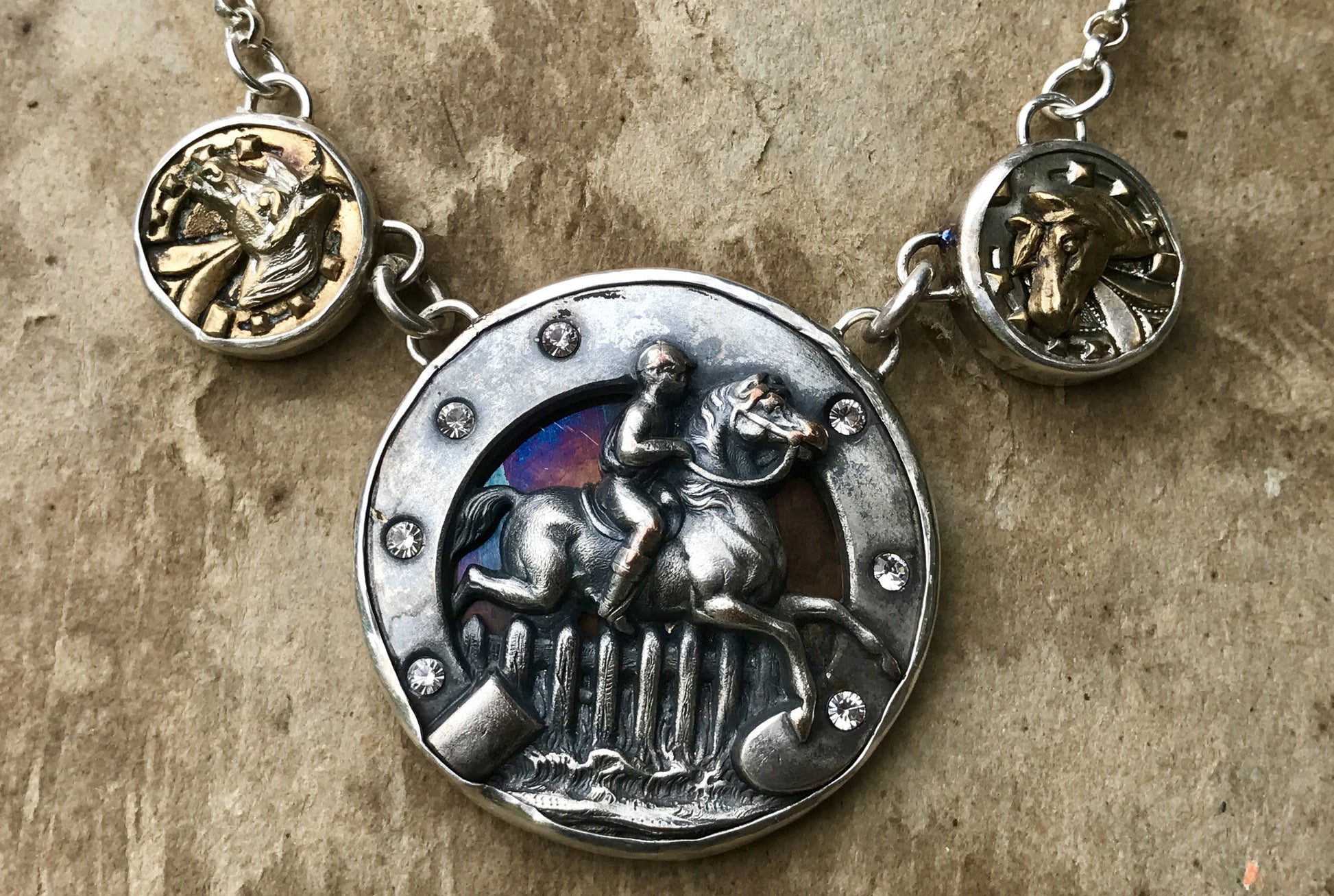 French Steeplechase Rider with High Relief Horse Heads in Horse Shoes