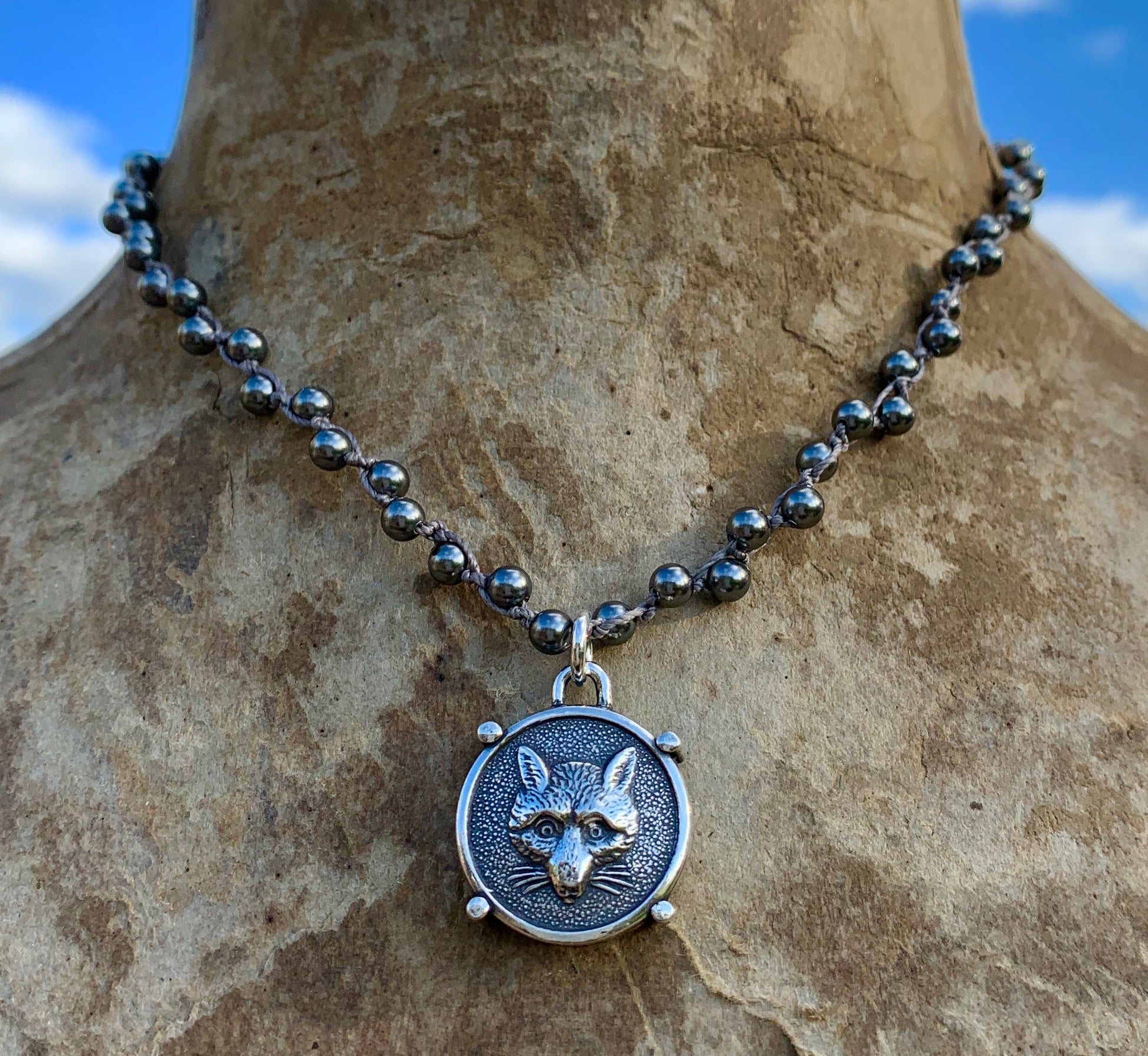 Fabulous Sterling Fox Mask on Dark Grey Pearl Necklace