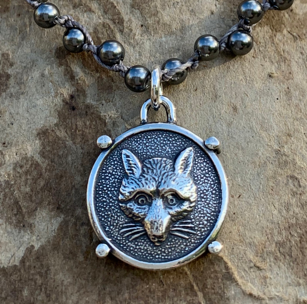 Fabulous Sterling Fox Mask on Dark Grey Pearl Necklace
