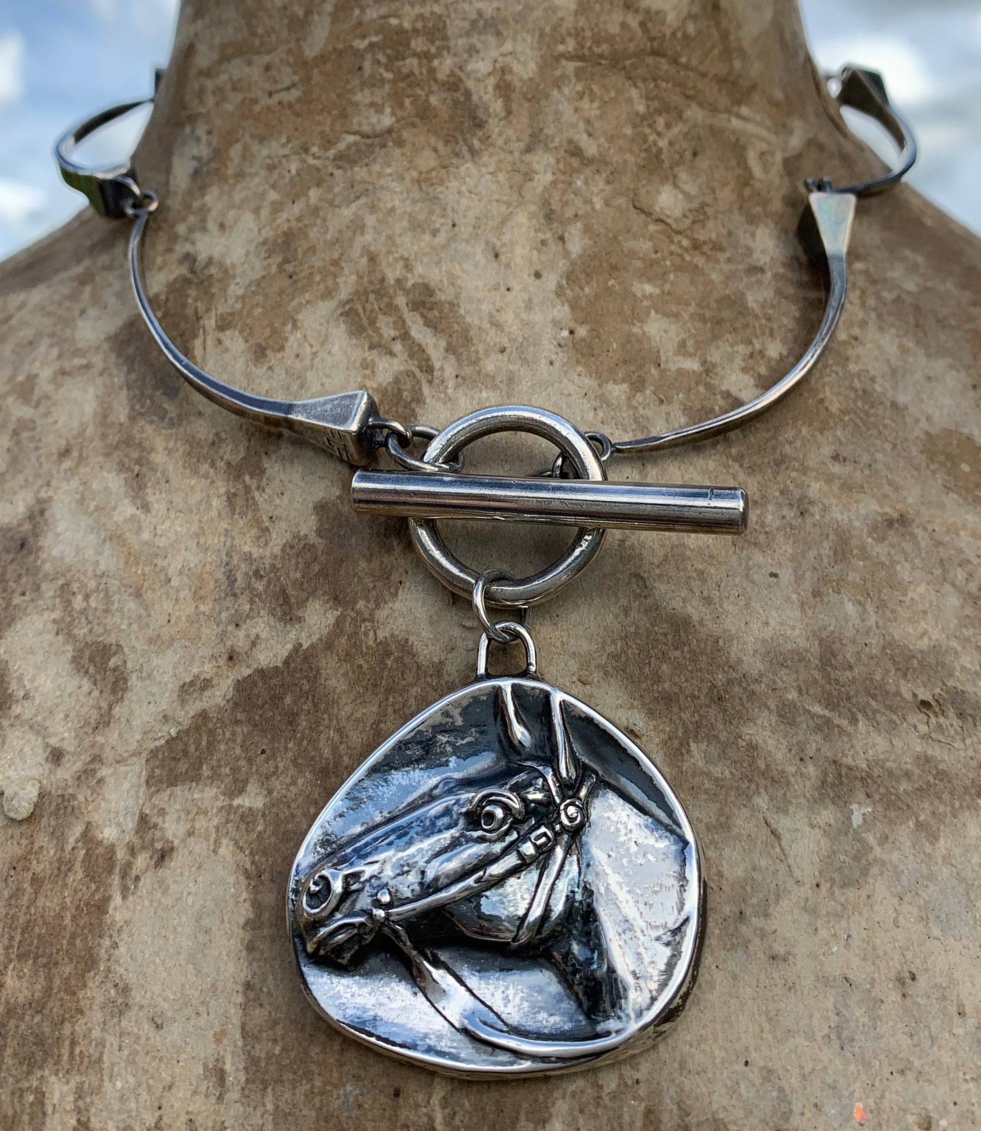 Sculptured Horse Head on Horseshoe Nail Necklace